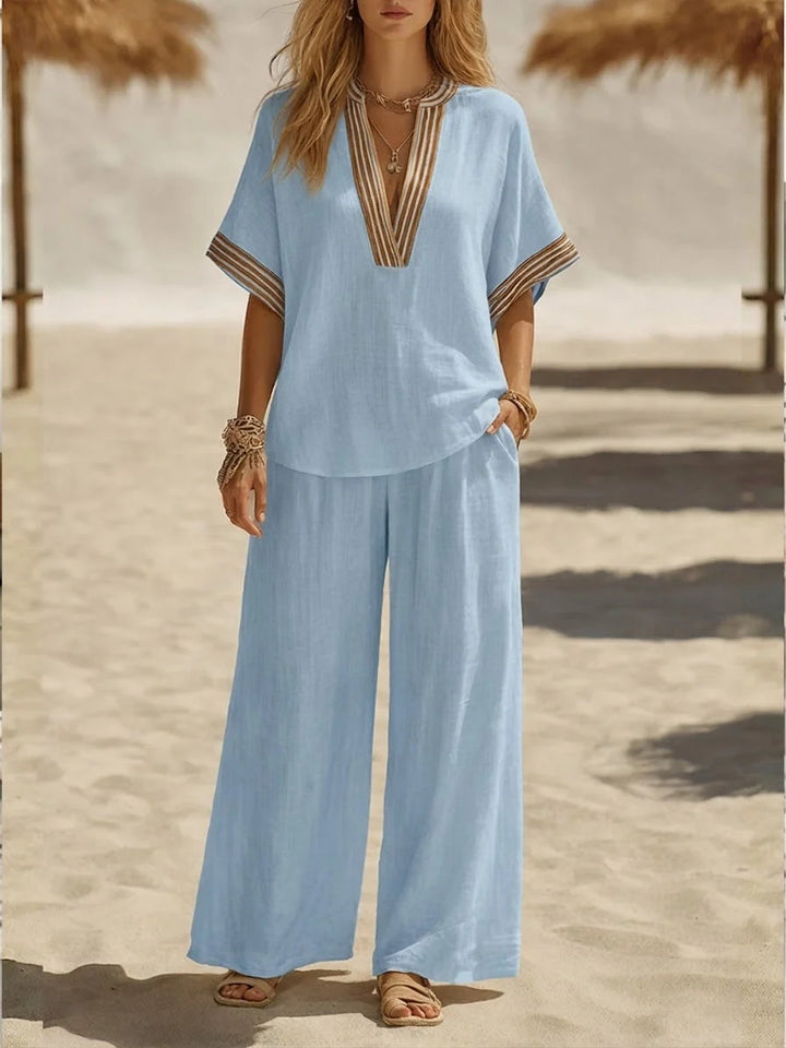 Women's two-piece relaxed linen set with V-neck top