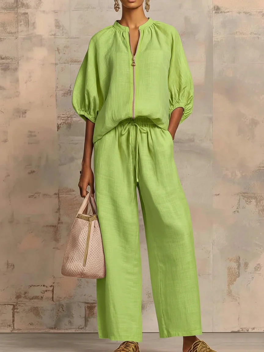 Women's two-piece zip-front linen set