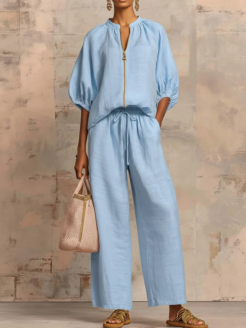 Women's two-piece zip-front linen set