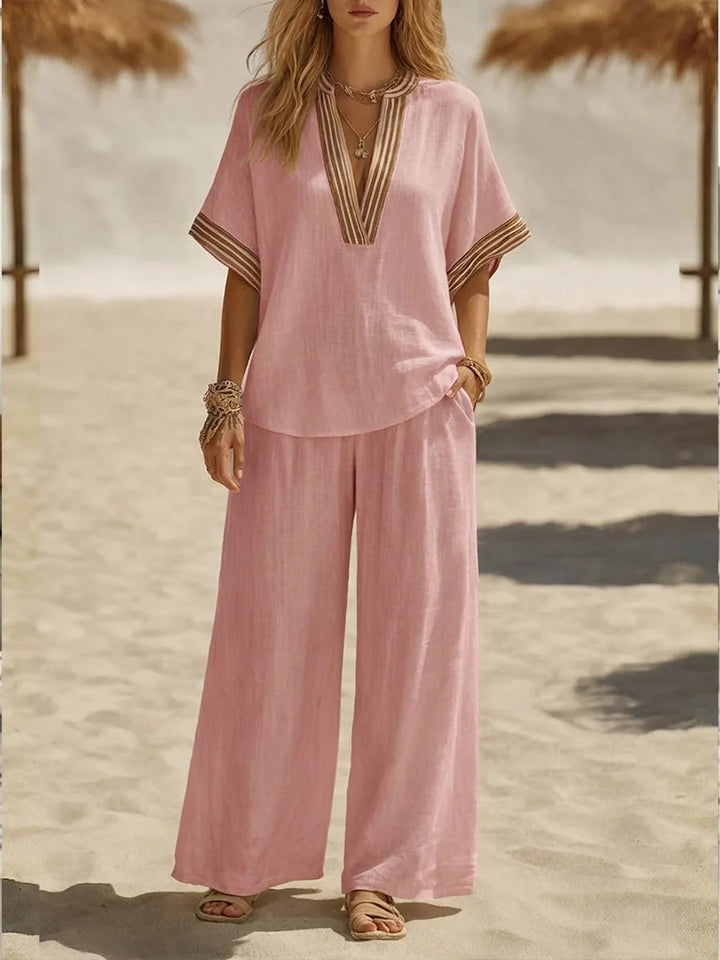 Women's two-piece relaxed linen set with V-neck top