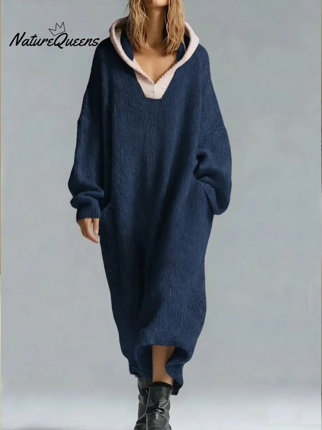 Women's oversized textured hooded maxi sweater dress with long sleeves