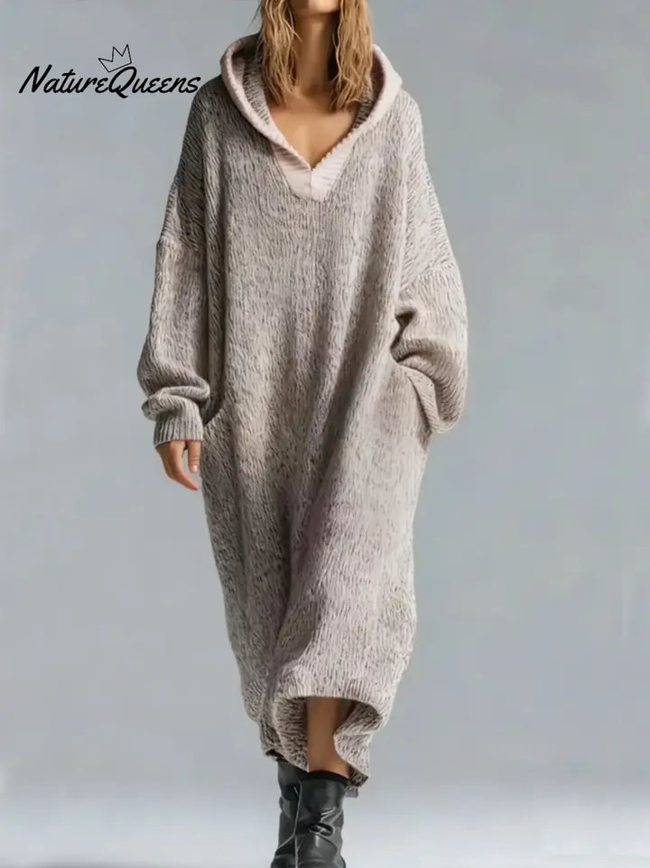 Women's oversized textured hooded maxi sweater dress with long sleeves