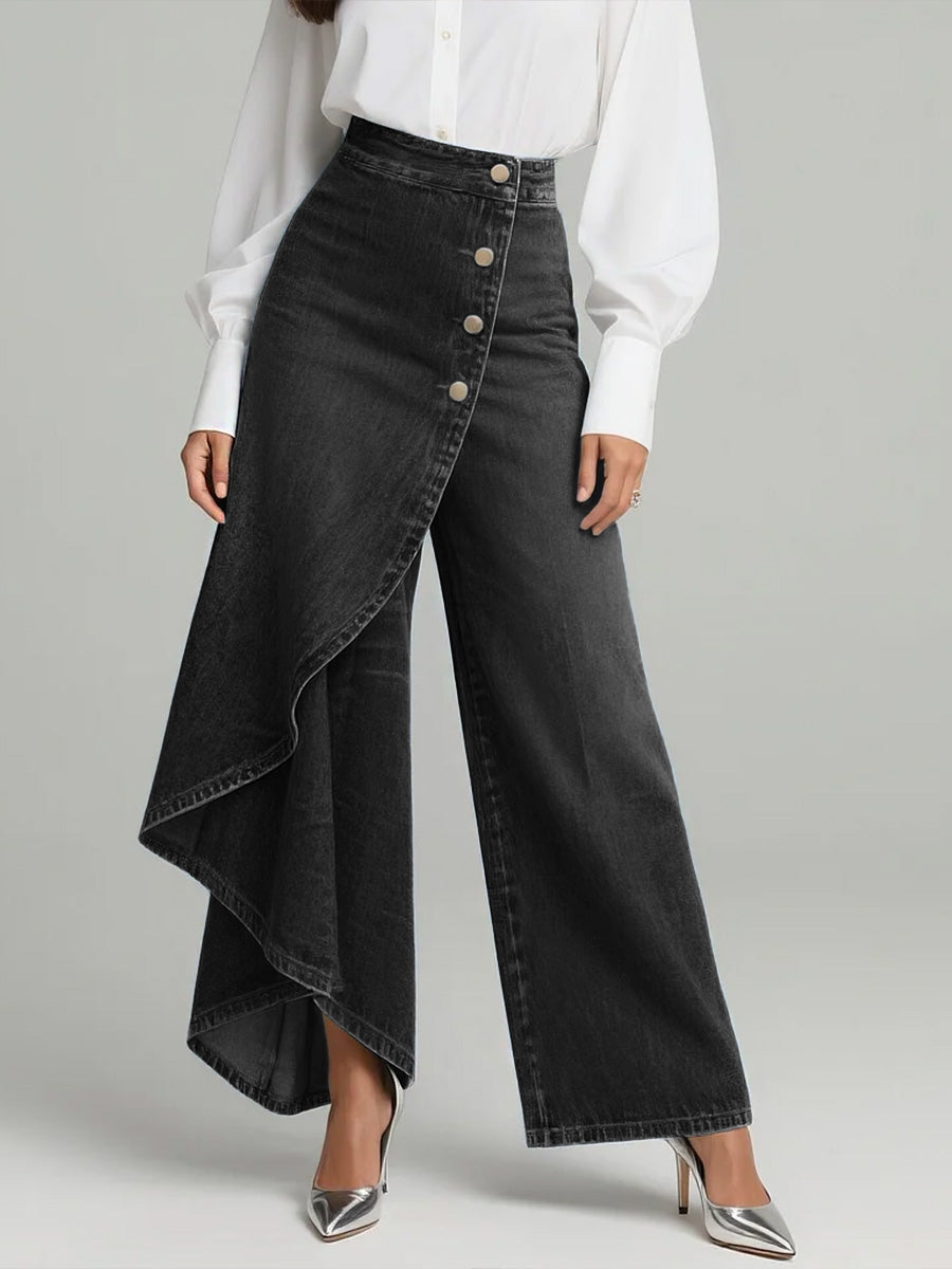 Women's wide-leg jeans with high waist, button front and asymmetric draped hem