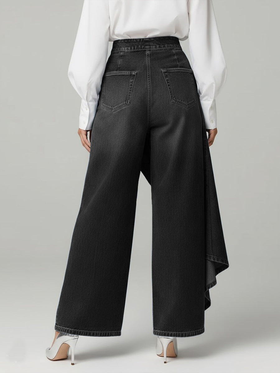 Women's wide-leg jeans with high waist, button front and asymmetric draped hem