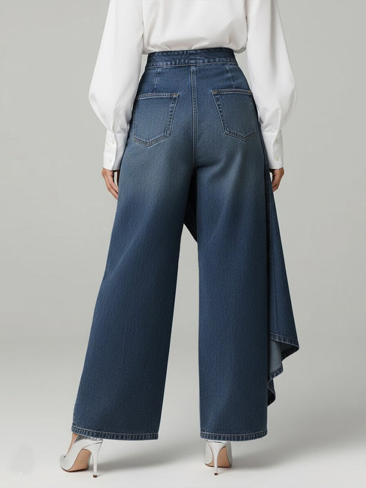 Women's wide-leg jeans with high waist, button front and asymmetric draped hem
