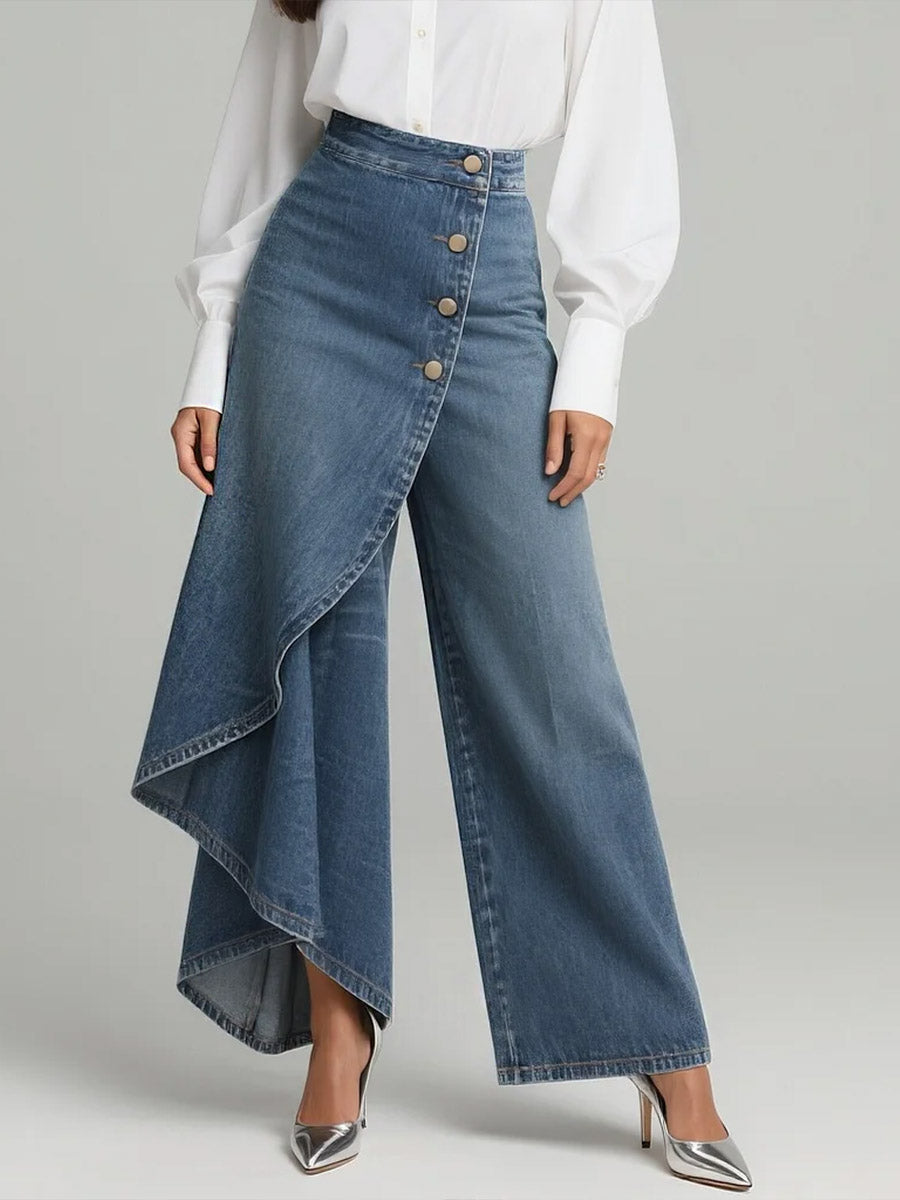 Women's wide-leg jeans with high waist, button front and asymmetric draped hem