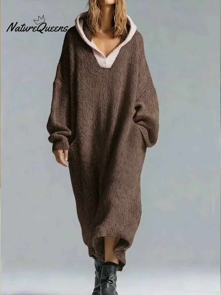 Women's oversized textured hooded maxi sweater dress with long sleeves