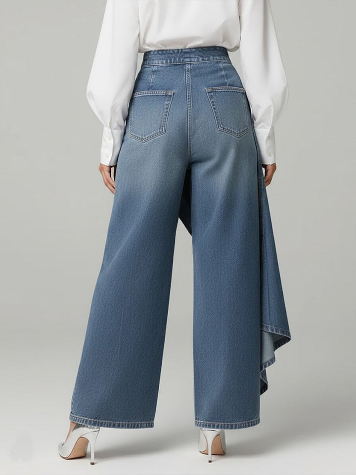 Women's wide-leg jeans with high waist, button front and asymmetric draped hem
