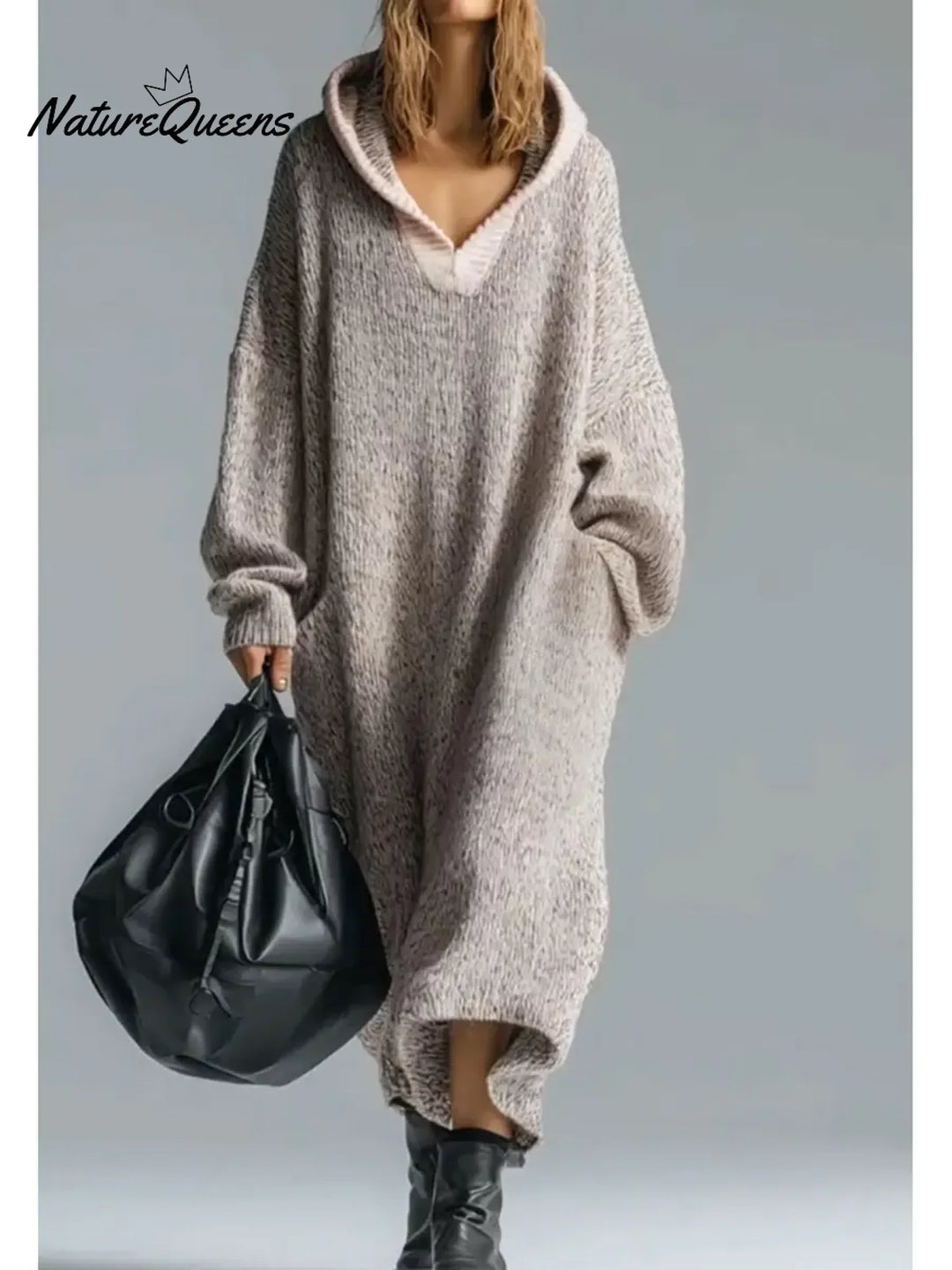 Women's oversized textured hooded maxi sweater dress with long sleeves