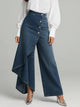 Women's wide-leg jeans with high waist, button front and asymmetric draped hem