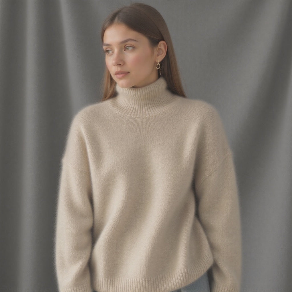Women's oversized plain turtleneck jumper with long sleeves and ribbed trims