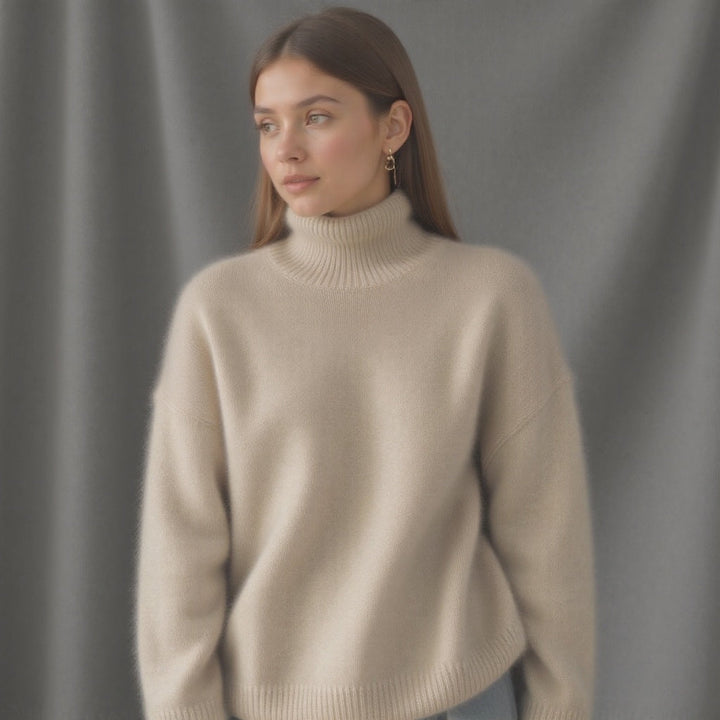 Women's oversized plain turtleneck jumper with long sleeves and ribbed trims