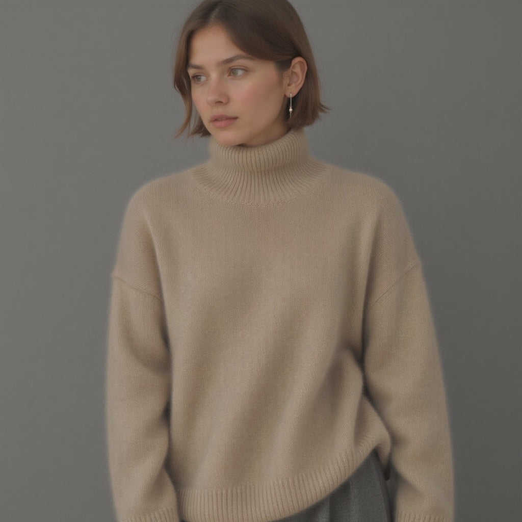 Women's oversized plain turtleneck jumper with long sleeves and ribbed trims