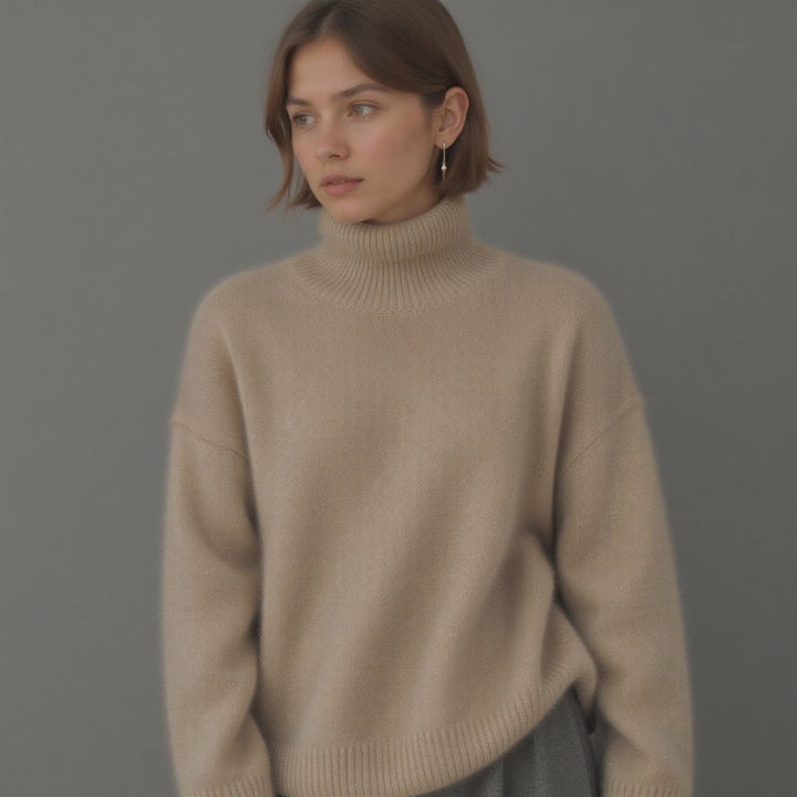 Women's oversized plain turtleneck jumper with long sleeves and ribbed trims