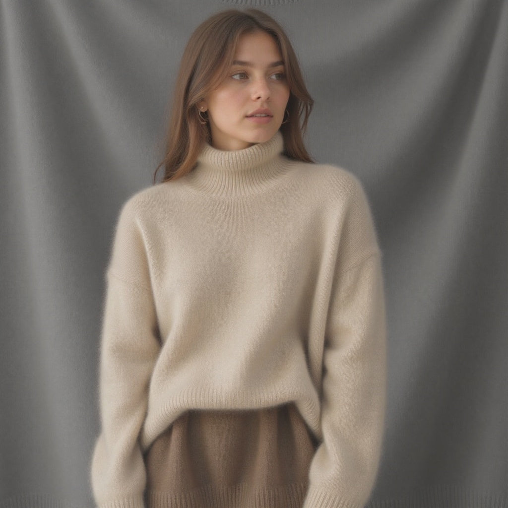 Women's oversized plain turtleneck jumper with long sleeves and ribbed trims