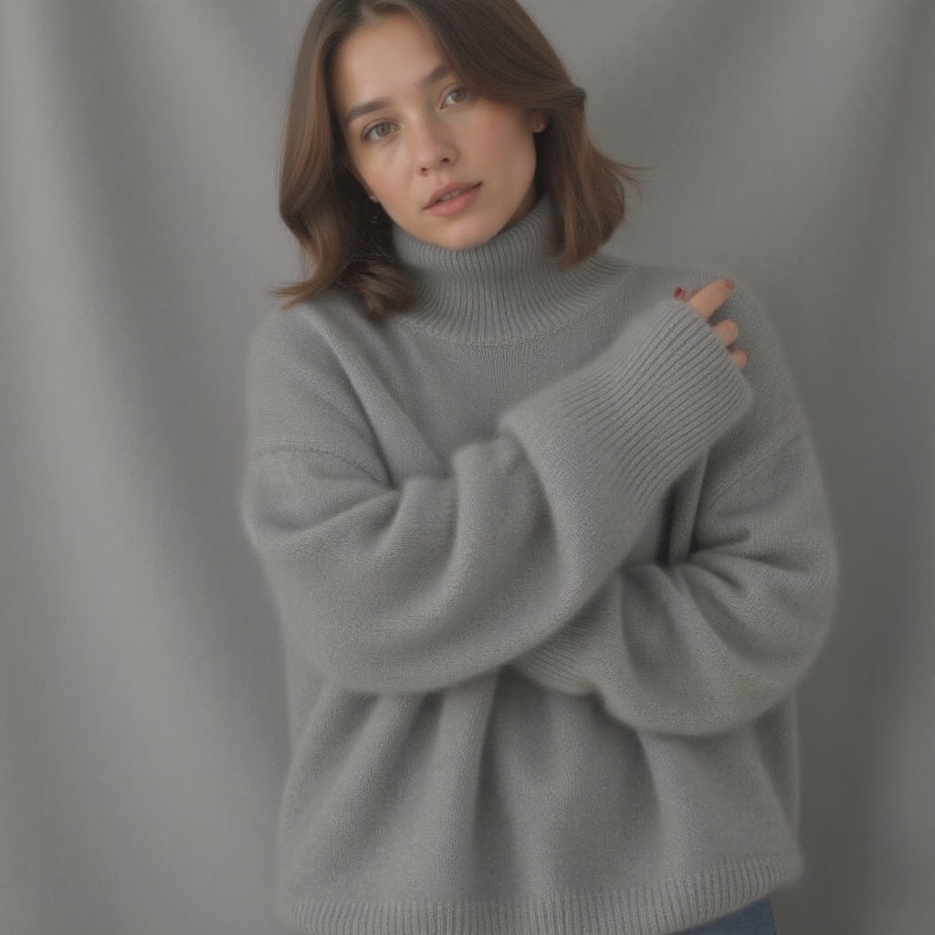 Women's oversized plain turtleneck jumper with long sleeves and ribbed trims