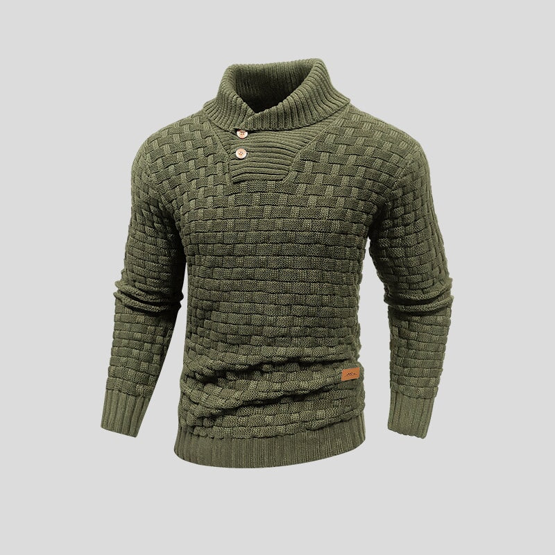 Men's textured knit jumper with mock neck and button placket