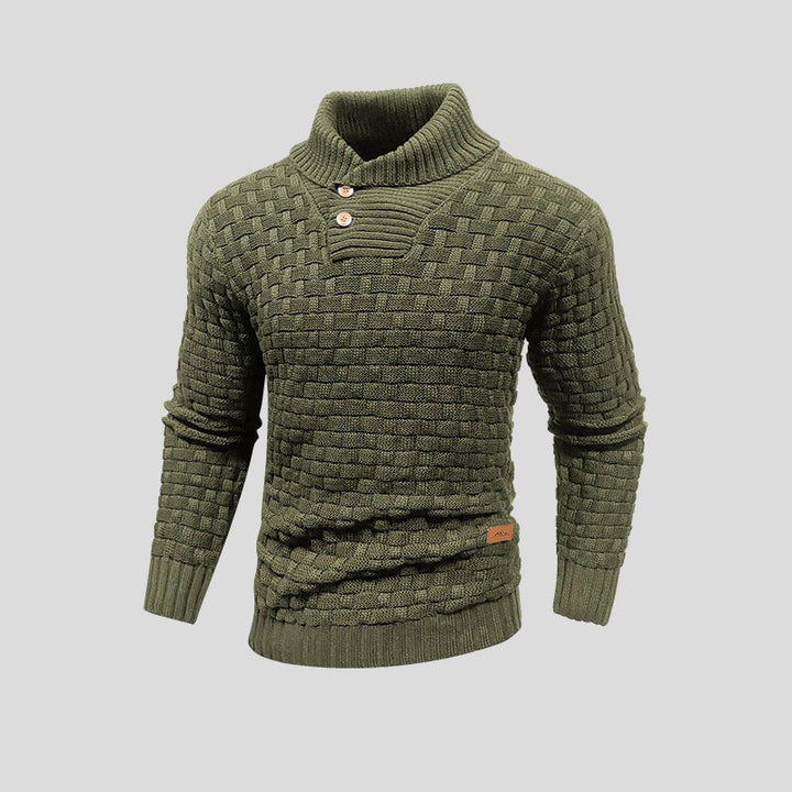 Men's textured knit jumper with mock neck and button placket