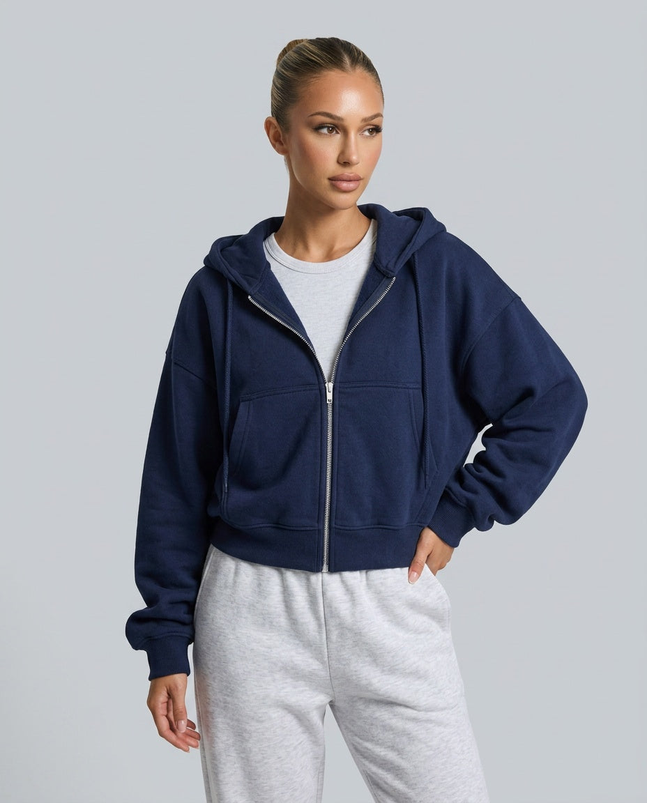 Women's cropped zip-up hoodie with hood, long sleeves and front pockets