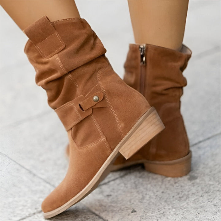 Women's pointed ankle boots with folded shaft, buckle strap and low heel