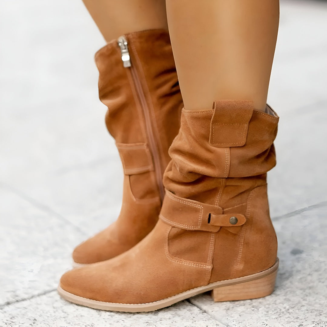 Women's pointed ankle boots with folded shaft, buckle strap and low heel
