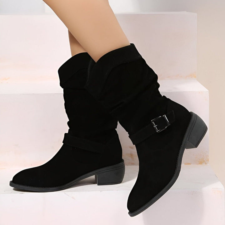 Women's pointed ankle boots with folded shaft, buckle strap and low heel