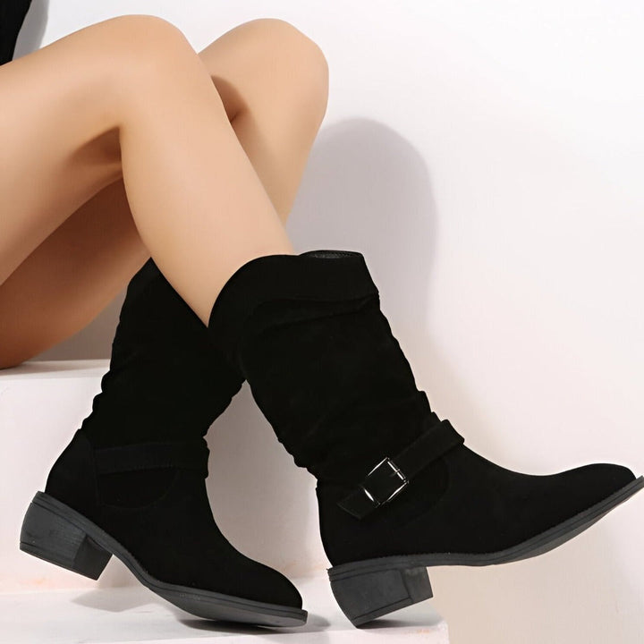 Women's pointed ankle boots with folded shaft, buckle strap and low heel