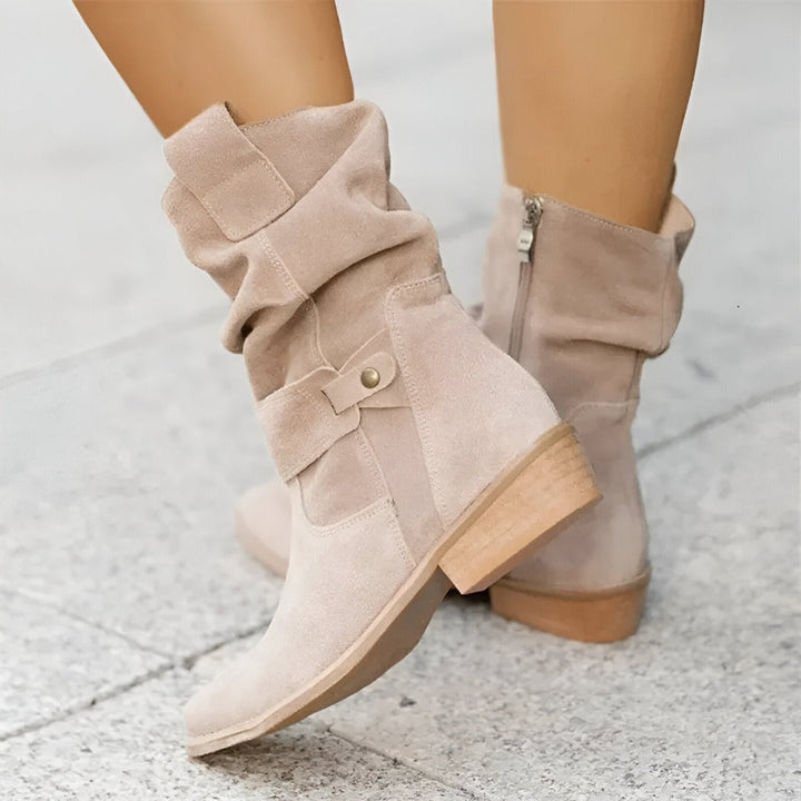 Women's pointed ankle boots with folded shaft, buckle strap and low heel
