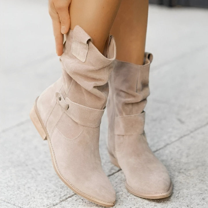 Women's pointed ankle boots with folded shaft, buckle strap and low heel