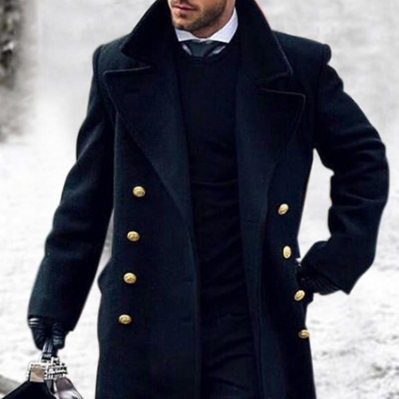 Men's navy long double breasted coat with lapels