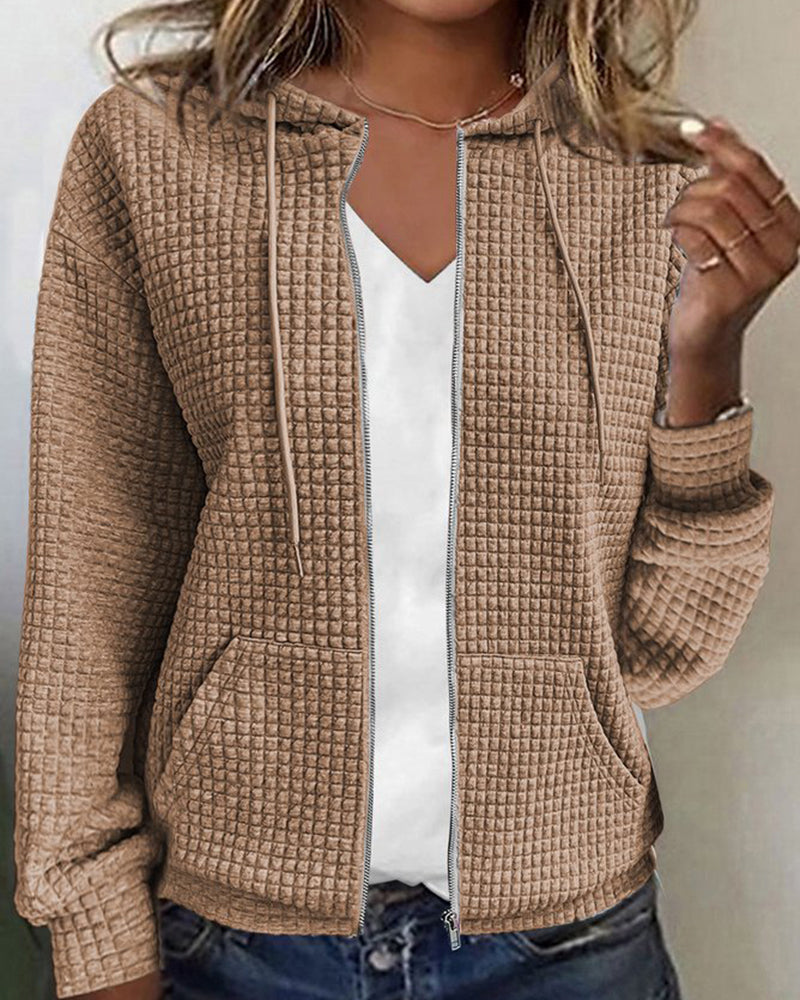 Women's textured zip-up hoodie with drawstring hood and front pouch pockets