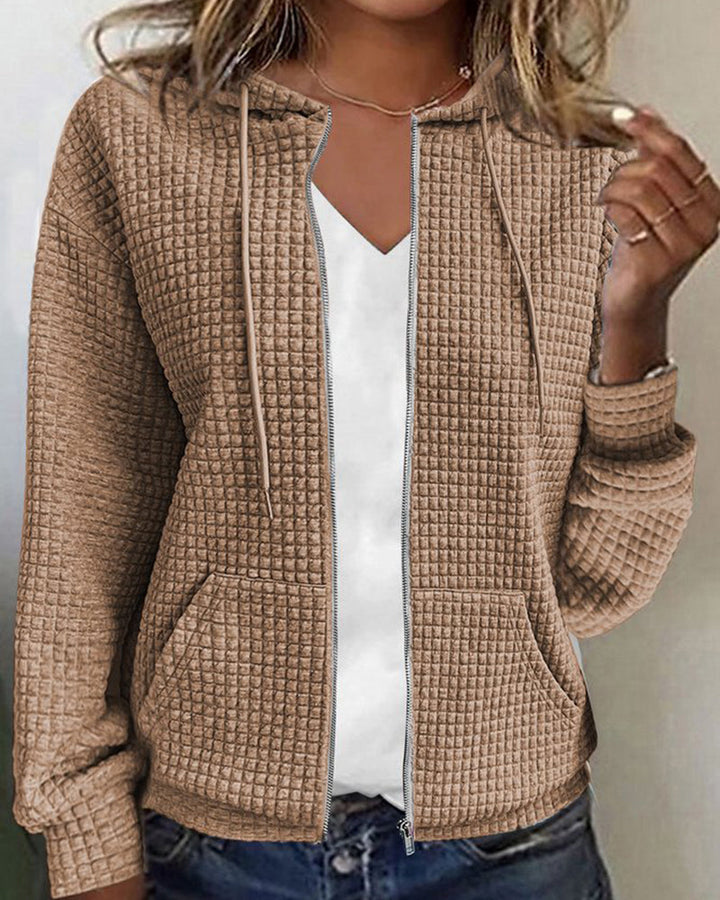 Women's textured zip-up hoodie with drawstring hood and front pouch pockets