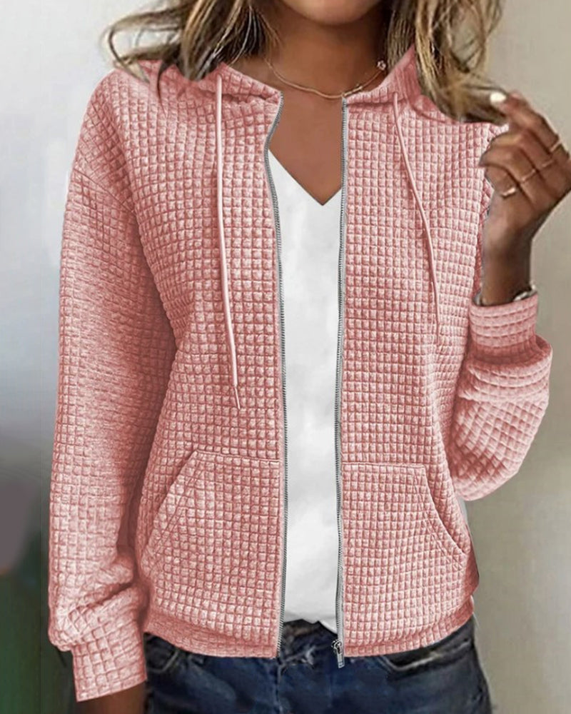 Women's textured zip-up hoodie with drawstring hood and front pouch pockets