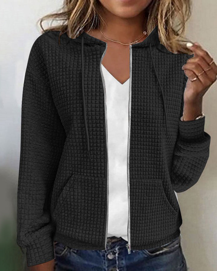 Women's textured zip-up hoodie with drawstring hood and front pouch pockets