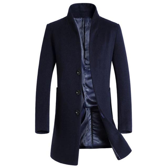 Men's long stand collar button-front overcoat