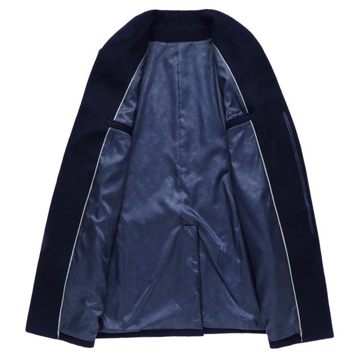Men's long stand collar button-front overcoat