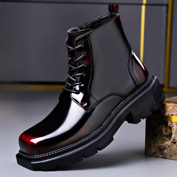 Lace-up ankle boot with a polished upper, rounded toe and chunky tread sole