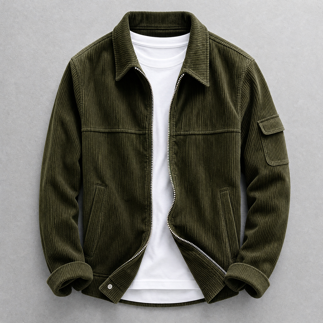 Men's corduroy utility jacket with zip front, pointed collar and sleeve pocket