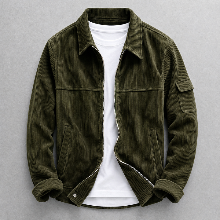 Men's corduroy utility jacket with zip front, pointed collar and sleeve pocket