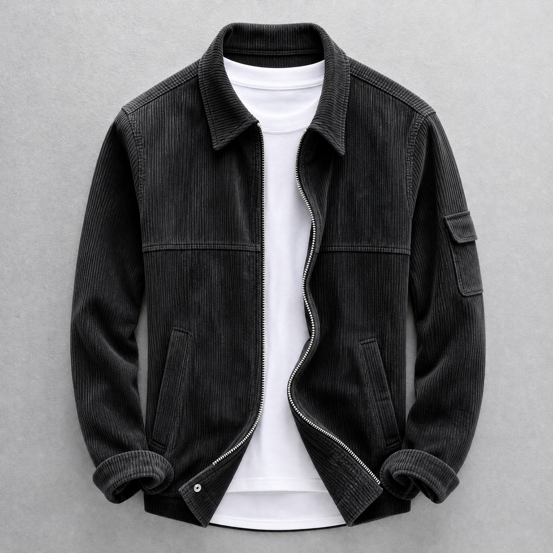 Men's corduroy utility jacket with zip front, pointed collar and sleeve pocket