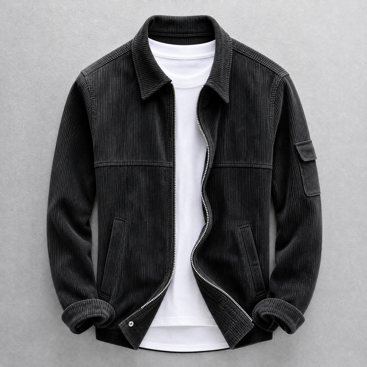 Men's corduroy utility jacket with zip front, pointed collar and sleeve pocket