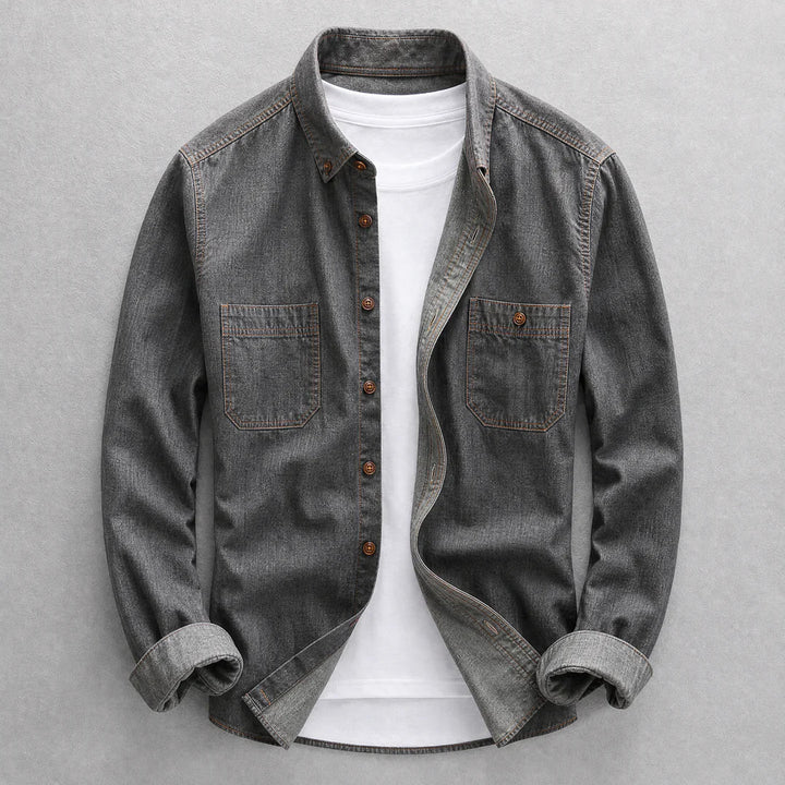 Men's long-sleeve denim shirt with pointed collar, button front and two chest pockets