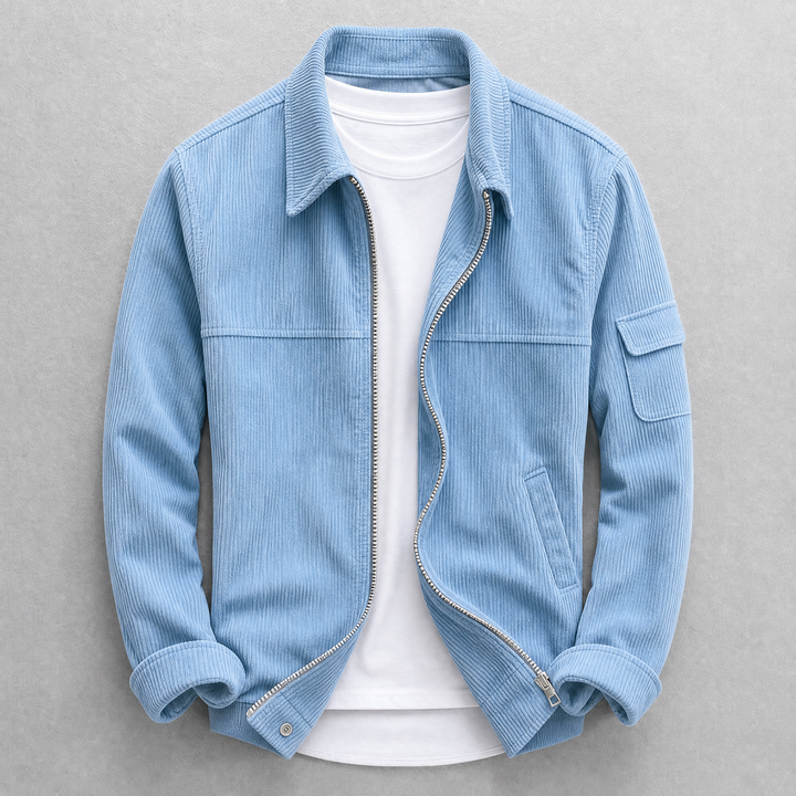 Men's corduroy utility jacket with zip front, pointed collar and sleeve pocket