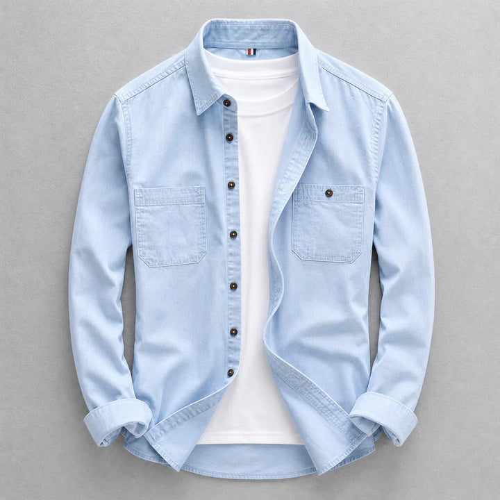 Men's long-sleeve denim shirt with pointed collar, button front and two chest pockets