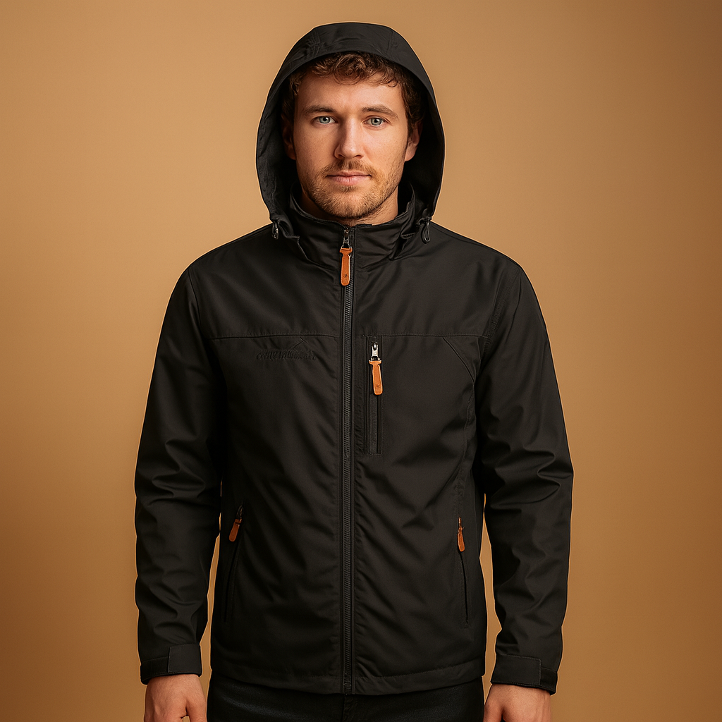 Men's hooded rain jacket with full zip front and zipped pockets