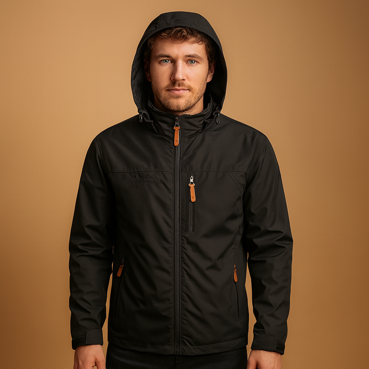 Men's hooded rain jacket with full zip front and zipped pockets