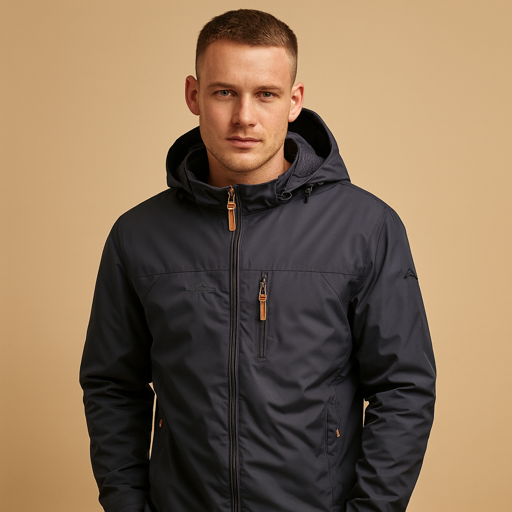 Men's hooded rain jacket with full zip front and zipped pockets