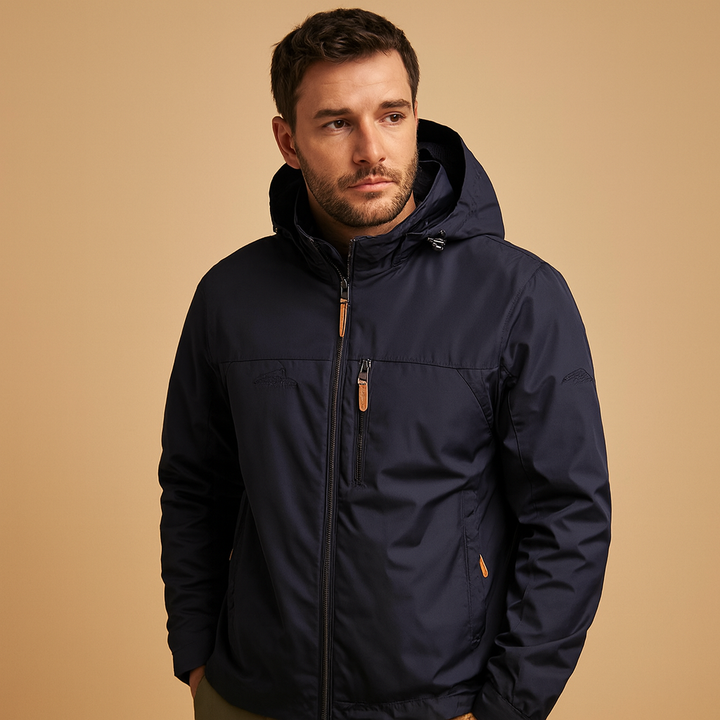 Men's hooded rain jacket with full zip front and zipped pockets