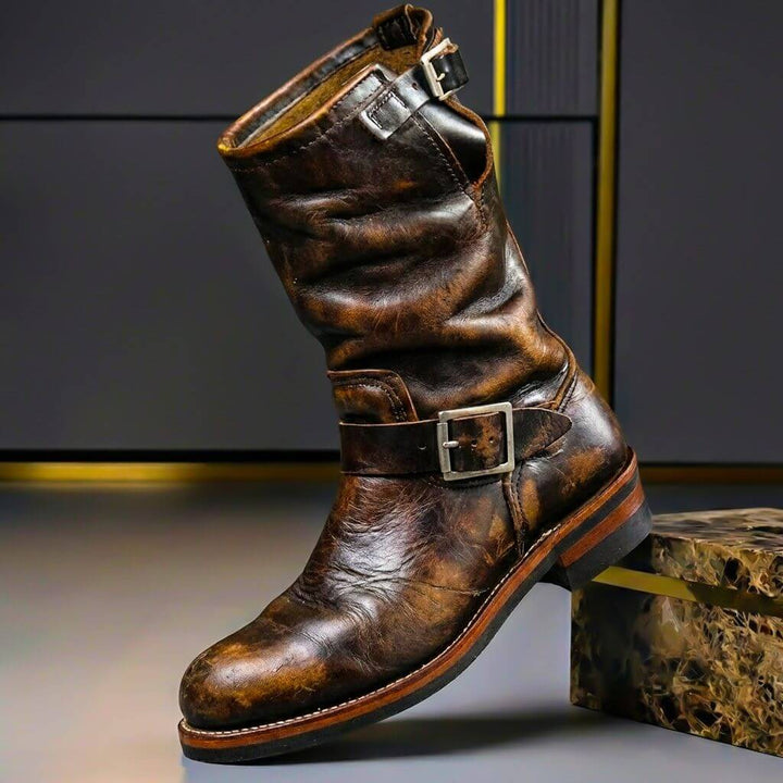 Unisex vintage mid-calf boots with buckle straps and round toes