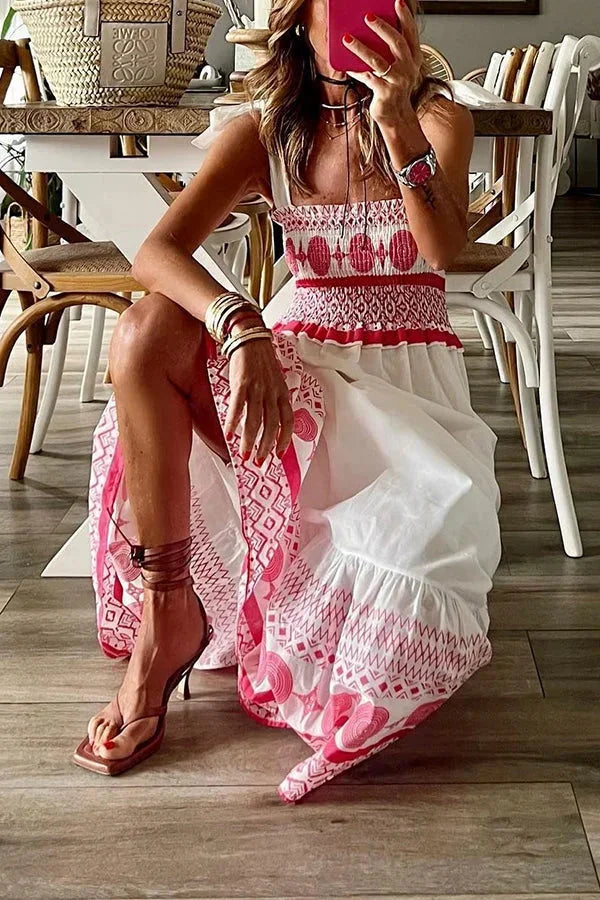 Women's Smocked Maxi Dress — Square Neck Tiered Cotton Summer Dress